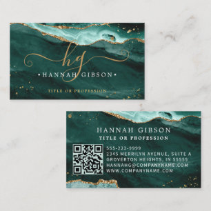 Turquoise Agate Script Monogram QR Code Glitter Visitekaartje