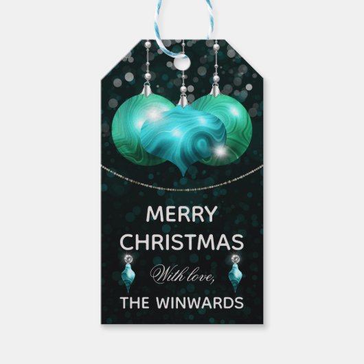 Turquoise Agate & Silver Baubles Merry Kerstmis Cadeaulabel (Voorkant)