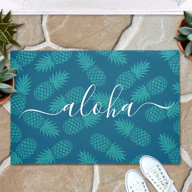 Turquoise aloha script ananaspatroon modern deurmat (Creator heeft geüpload)
