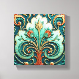 Turquoise and Orange Floral Ornament Canvas Afdruk