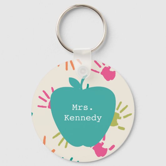 Turquoise Apple Colorful Handprint Teacher Sleutelhanger (Voorkant)