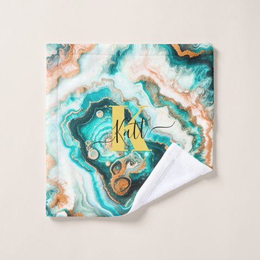 Turquoise Aqua Agate Golden Custom Monogramme mode (Gant de toilette)