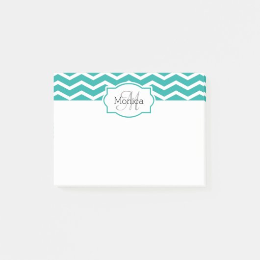 Turquoise Aqua Blauwgroen Chevron Name Monogrammed Post-it® Notes (Voorkant)
