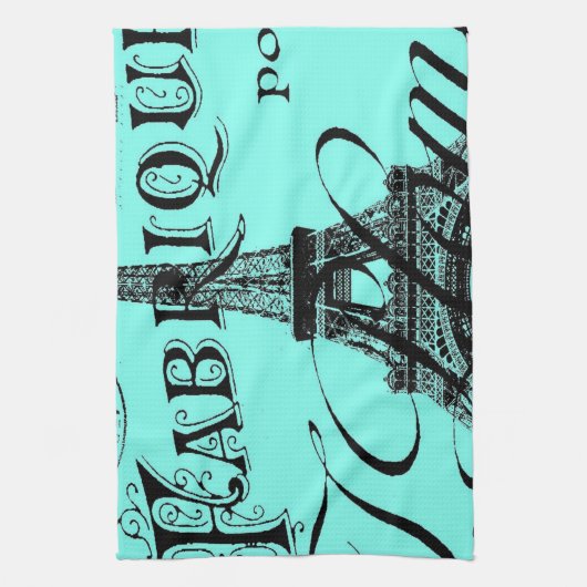 turquoise aqua blauwgroen scripts Paris Eiffel Tow Theedoek (Verticaal)