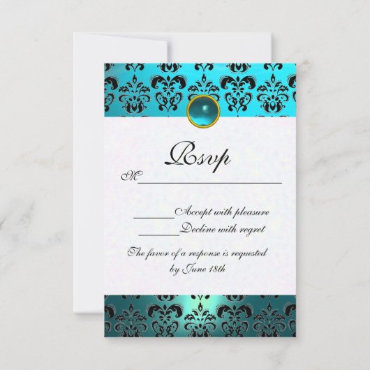 TURQUOISE AQUA BLEU BLACK DAMASK MONOGRAM RSVP (Dos)
