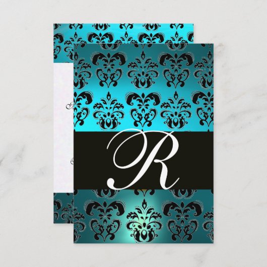 TURQUOISE AQUA BLEU BLACK DAMASK MONOGRAM RSVP (Devant / Derrière)