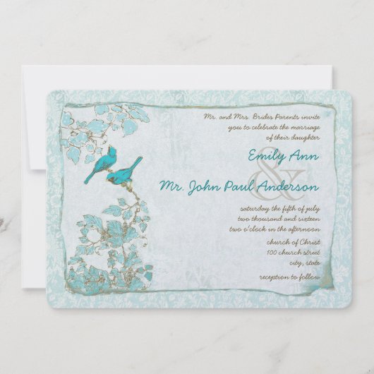 Turquoise Aqua Blue Birds Damask Wedding Kaart (Voorkant)