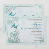 Turquoise Aqua Blue Birds Damask Wedding Kaart (Voorkant / Achterkant)