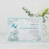 Turquoise Aqua Blue Birds Damask Wedding Kaart (Staand voorkant)