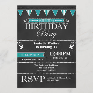Turquoise Aqua Blue Chalkboard Invitation d'annive