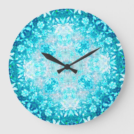Turquoise Aqua Blue Floral Pattern Grote Klok (Voorkant)