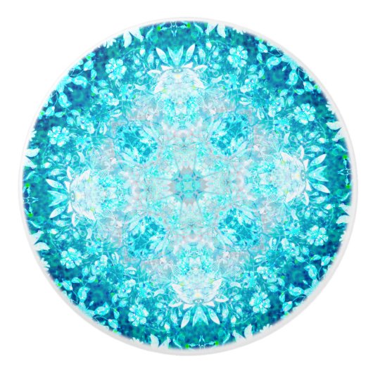 Turquoise Aqua Blue Floral Pattern Keramische Knop (Voorkant)