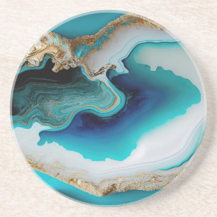Turquoise Aqua Blue Gold Gemstone Acrylpour Art Zandsteen Onderzetter