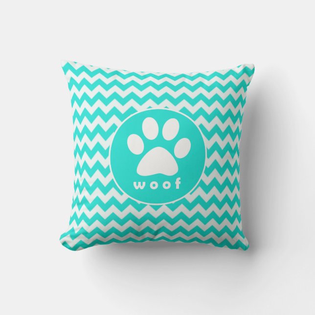Turquoise, Aqua Color Chevron; Paw Print Kussen (Voorkant)