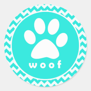 Turquoise, Aqua Color Chevron; Paw Print Ronde Sticker