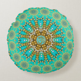 Turquoise Aqua Gold Bohemian Mandala OM Yoga Rond Kussen