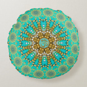 Turquoise Aqua Gold Bohemian Mandala OM Yoga Rond Kussen