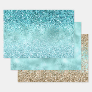 Turquoise Aqua Gold Glam Glitter Inpakpapier Vel