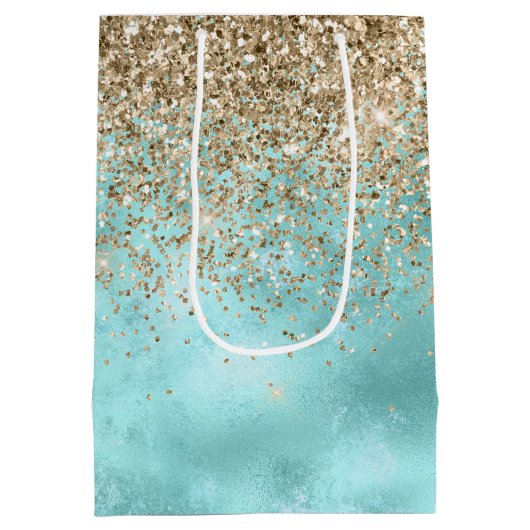 Turquoise Aqua Gold Glam Glitter Sparkle Medium Cadeauzakje (Achterkant)