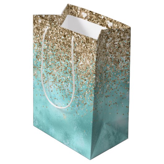 Turquoise Aqua Gold Glam Glitter Sparkle Medium Cadeauzakje (Achterkant Gekanteld)