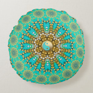 Turquoise Aqua Goud Yin Yang Strand Mandala Rond Kussen