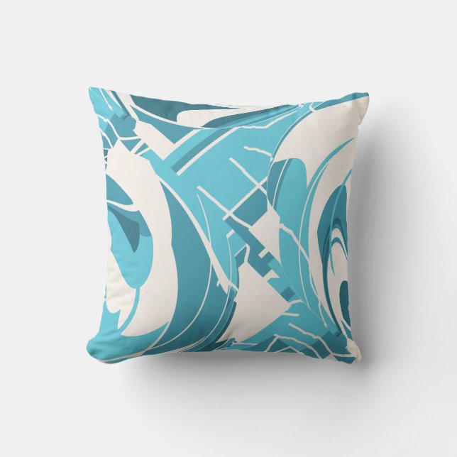 Turquoise Aqua Off-white Lush Leaf Swirling Motief Kussen (Voorkant)