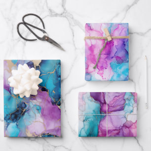 Turquoise Aqua Paarse gouden marmer Inpakpapier Vel