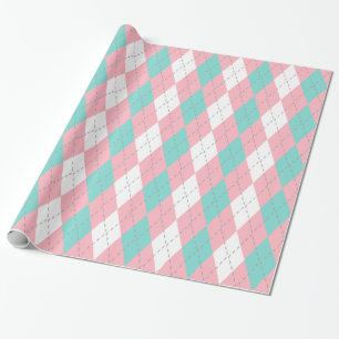 Turquoise Aqua Pink Dk Gray Wht XL Argyle Cadeaupapier