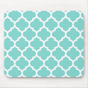 Turquoise Aqua Wht Moroccan Quatrefoil Pattern #5 Muismat