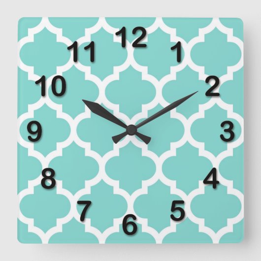 Turquoise Aqua Wht Moroccan Quatrefoil Pattern #5 Vierkante Klok (Voorkant)