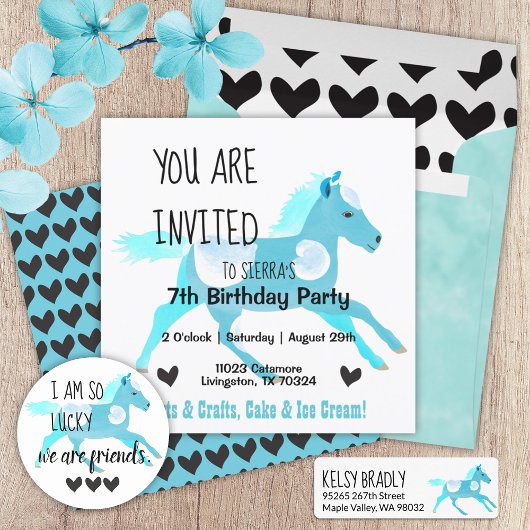Turquoise, Aquamarine Pony Invitation Anniversaire