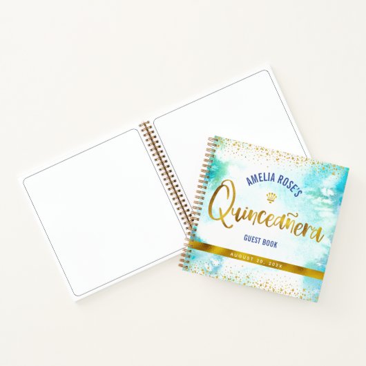Turquoise Aquarelle Or Quinceañera Livre d'or (Intérieur)