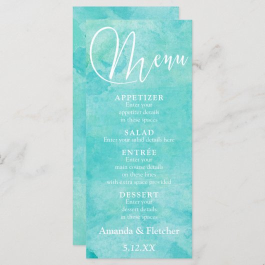 Turquoise Aquarelle Typographie Mariage Menu 2 (Devant / Derrière)