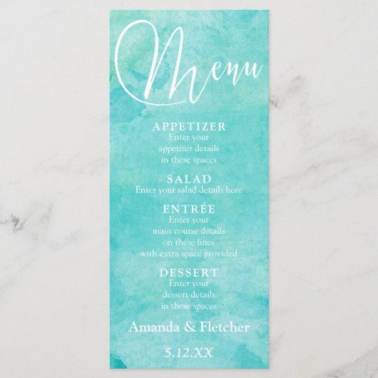 Turquoise Aquarelle Typographie Mariage Menu 2 (Devant)