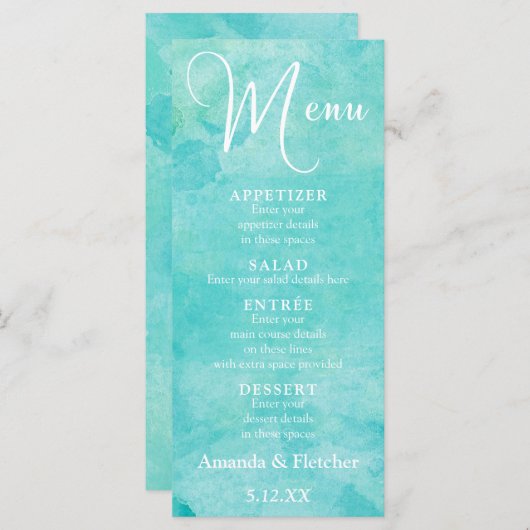 Turquoise Aquarelle Typographie Menu Mariage (Devant / Derrière)