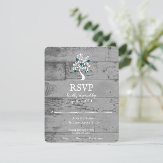 Turquoise arbre des coeurs carte RSVP de mariage (Debout devant)
