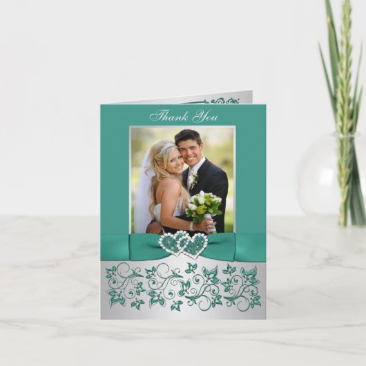 Turquoise, Argent Floral Mariage Carte de remercie (Devant)