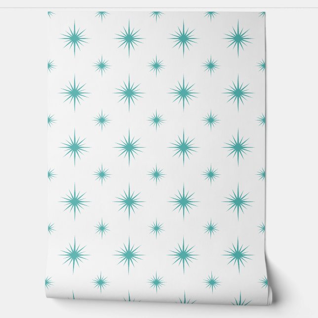 Turquoise Atomic Starburst Midden-eeuws patroon Behang (Afrollen)
