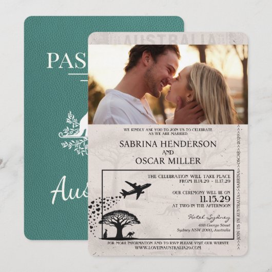 Turquoise Australië Passport Wedding Kaart (Voorkant / Achterkant)