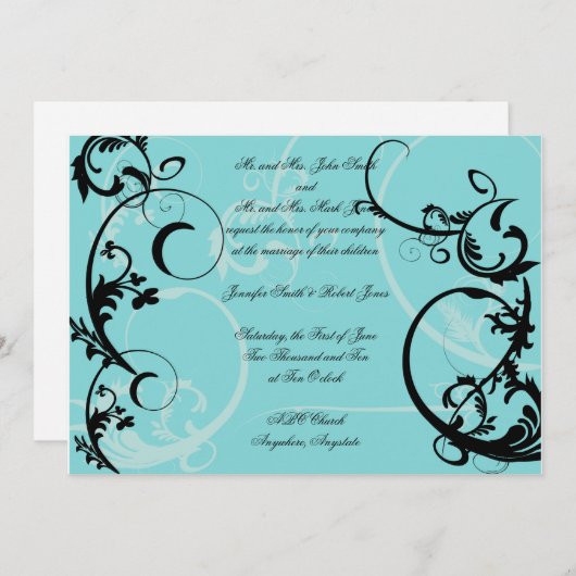 Turquoise avec Faire-part de mariage Black Swirl (Devant / Derrière)