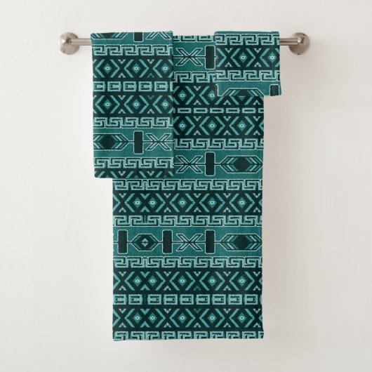 Turquoise Aztec Southwest Design Bad Handdoek (Insitu)