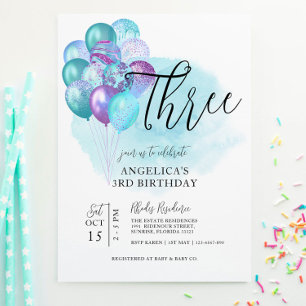 Turquoise Ballons pourpres 3e Invitation anniversa
