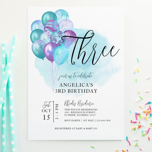 Turquoise Ballons pourpres 3e Invitation anniversa