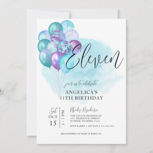 Turquoise Ballons pourpres Invitation 11e annivers (Devant)