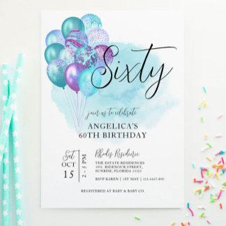 Turquoise Ballons pourpres Invitation 60e annivers