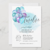 Turquoise Ballons violets Invitation 12e anniversa (Devant)