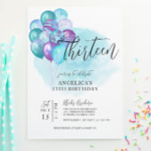 Turquoise Ballons violets Invitation 13e anniversa