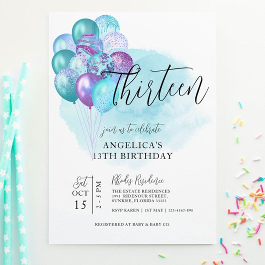 Turquoise Ballons violets Invitation 13e anniversa