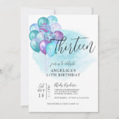Turquoise Ballons violets Invitation 13e anniversa (Devant)