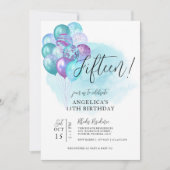 Turquoise Ballons violets Invitation 15e anniversa (Devant)